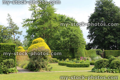 Stock image of landscaped knot garden, topiary yew, clipped buxus hedges