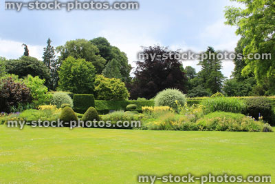 Stock image of green garden lawn, shrubs and herbaceous border flowers