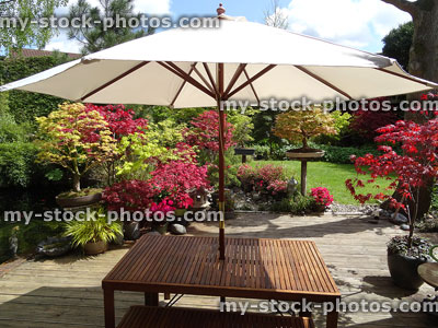 Stock image of cream parasol on wooden table, garden decking, green lawn