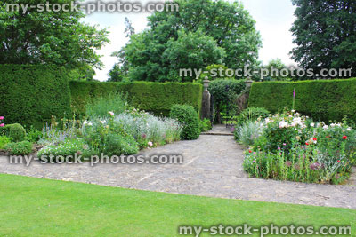 Stock image of formal garden, iron gate, yew tree hedge, herbaceous border