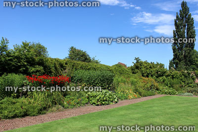 Stock image of red brick path, block paving, paved pathway, herbaceous border, flowers, lawn, lombardy poplar