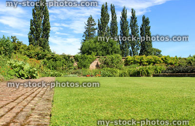 Stock image of red brick path, block paving, paved pathway, herbaceous border, flowers, lawn, lombardy poplars