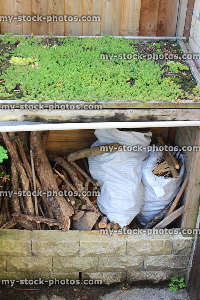 Stock image of timber log shed with living roof of sedum plants