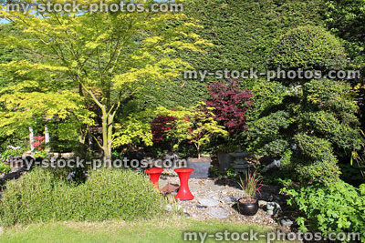 Stock image of red plastic stools in garden by Japanese maples (acers)