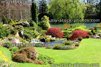 Stock image of photo of lush landscaped back garden in the spring sunshine