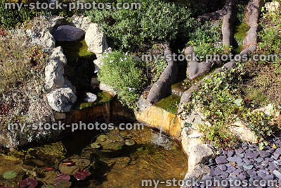 Stock image of garden fish pond with waterfalls and rockery