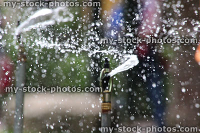 Stock image of garden sprinkler watering lawn and flowers in park