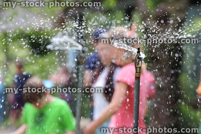 Stock image of rotating garden sprinkler watering lawn grass and flowers