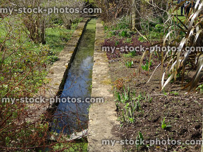 Stock image of narrow stream / rill, water feature flowing through garden