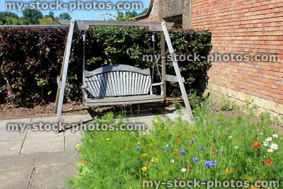 Stock image of wooden swing seat in wildflower garden, copper beech hedge