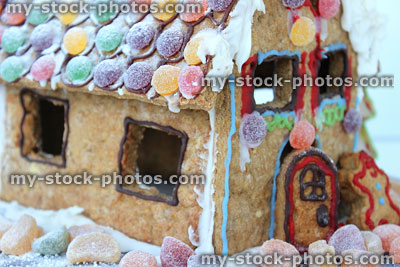 Stock image of sweets on roof of gingerbread house with icing
