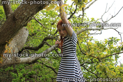 Stock image of tomboy girl climbing oak tree wearing stripy dress