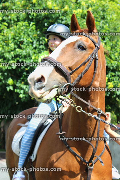Stock image of young girl enjoying horse riding lesson, wearing equestrian helmet hat