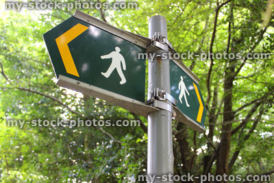 Stock image of public footpath sign / countryside pathway signpost, arrows pointing