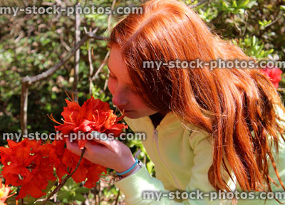 Stock image of girl with long hair smelling fragrant red flower in garden
