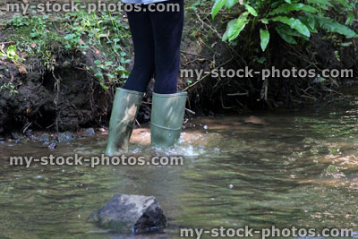 Stock image of girl playing, paddling, splashing, wading in woodland river