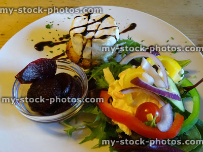 Stock image of goat's cheese salad, balsamic vinegar dressing, lettuce, peppers, tomatoes coleslaw, beetroot, red onion