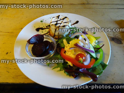 Stock image of goat's cheese salad, balsamic vinegar dressing, lettuce, peppers, tomatoes coleslaw, beetroot, red onion