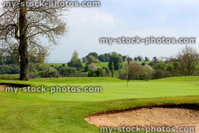 Stock image of golf course with sandy bunker trap, trees and putting green