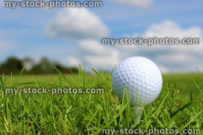 Stock image of golf ball in grass on golf course, blue sky (close up)