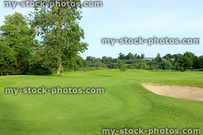 Stock image of golf course with sandy bunker trap, trees, putting green, flag