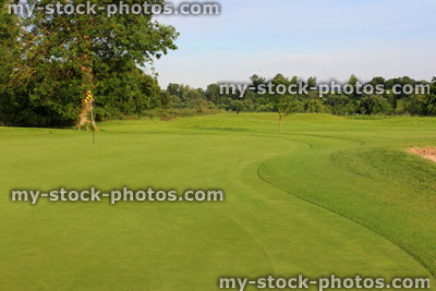 Stock image of putting green, fine grass, flag and hole on golf course