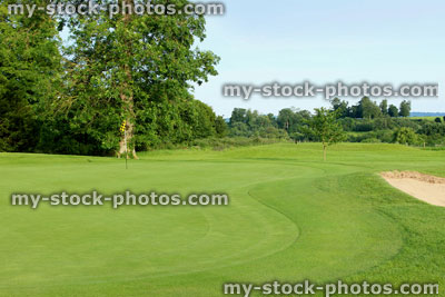 Stock image of putting green grass and flag at hole on golf course<br />
