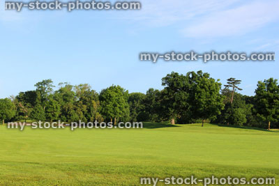 Stock image of golf course with green grass, trees, sandy bunkers, hazards, sky