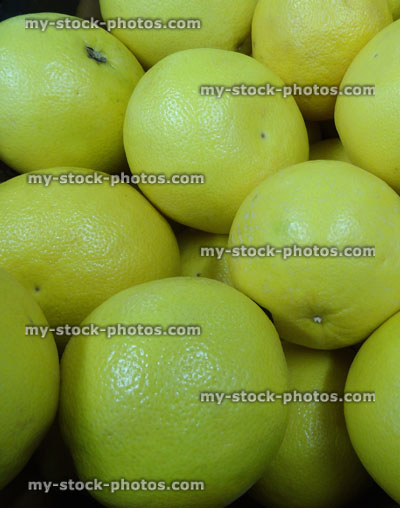 Stock image of fresh, ripe, unwaxed yellow grapefruit at supermarket, fruit shop