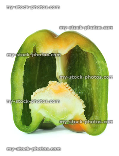 Stock image of green pepper halved / capsicum, cross section, cut in half