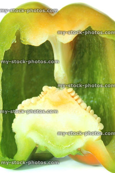 Stock image of large green pepper / capsicum, raw vegetable, cut in half