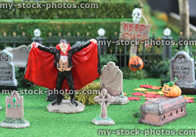 Stock image of model Halloween spooky town / village, miniature Dracula vampire, haunted graveyard cemetery, gravestone