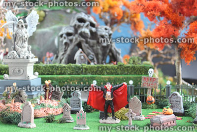 Stock image of model Halloween spooky town / village, miniature Dracula vampire, haunted graveyard cemetery, gravestone