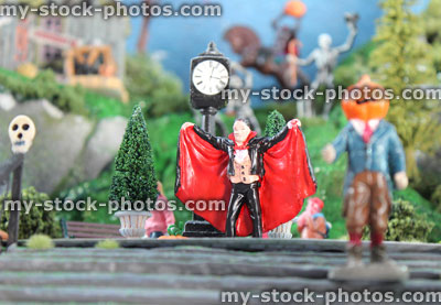Stock image of model Halloween spooky town / village, miniatures, Dracula vampire, pumpkin heads, scary