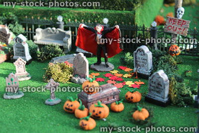 Stock image of model Halloween town / village, miniature houses, people, fall autumn