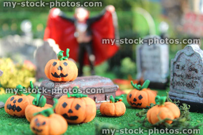 Stock image of model Halloween town / village, miniature houses, people, fall autumn