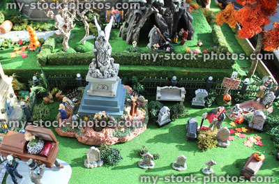 Stock image of model Halloween spooky town, graveyard, cemetery, gravestones, zombies, dracula, skeletons, coffins