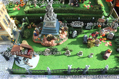 Stock image of model Halloween spooky town / village, miniatures, graveyard, cemetery, gravestones, zombies, dracula