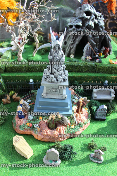 Stock image of model Halloween spooky town / village, miniatures, graveyard, cemetery, gravestones, zombies, Angel of Death