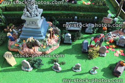 Stock image of model Halloween spooky town / village, miniatures, graveyard, cemetery, gravestones, zombies, dracula