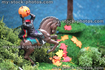 Stock image of model Halloween town / village, miniatures, haunted house, headless horseman, pumpkins