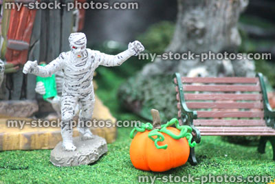 Stock image of model Halloween Spooky town / village, haunted, mummy monster, Fimo pumpkin