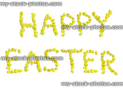 Stock image of words Happy Easter Spelt with Fluffy Chicks