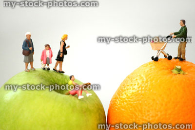 Stock image of healthy eating concept, with mini people walking on fruit 
