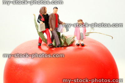 Stock image of healthy eating concept, with figurine family walking on a tomato
