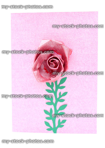 Stock image of homemade Valentine's Day greetings card with paper rose flower