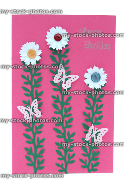 Stock image of homemade Happy Birthday greetings card with paper flowers