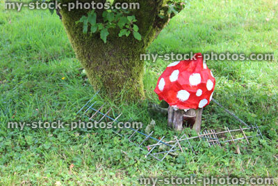Stock image of homemade fairytale red and white pixie toadstool / mushroom, fly agaric / amanita