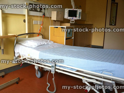 Stock image of private room for isolation, NHS hospital bed, monitor