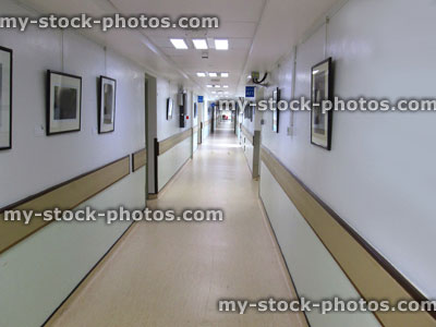 Stock image of NHS Hospital Corridor, leading to medical treatment rooms